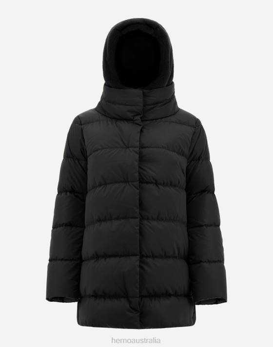 SATIN AND FAUX FUR A-LINE JACKET Herno Women Black 2L0H393 Outerwear