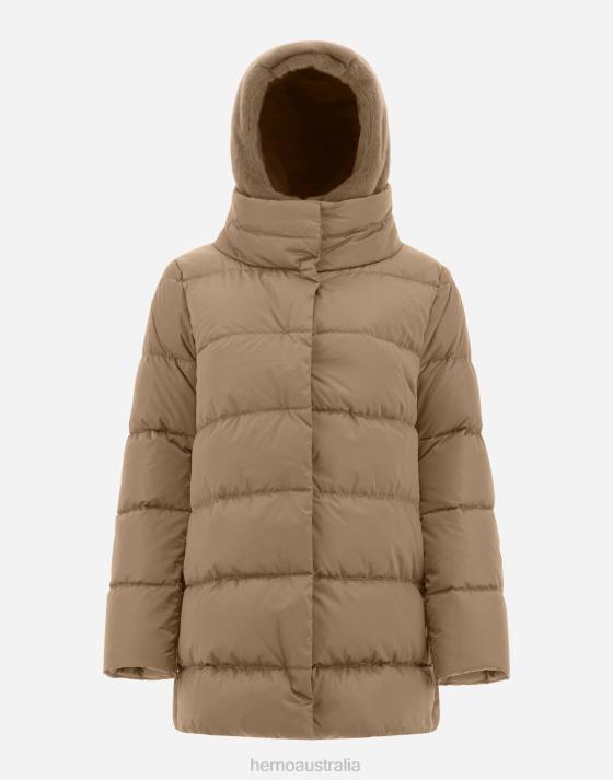 SATIN AND FAUX FUR A-LINE JACKET Herno Women Camel 2L0H194 Outerwear
