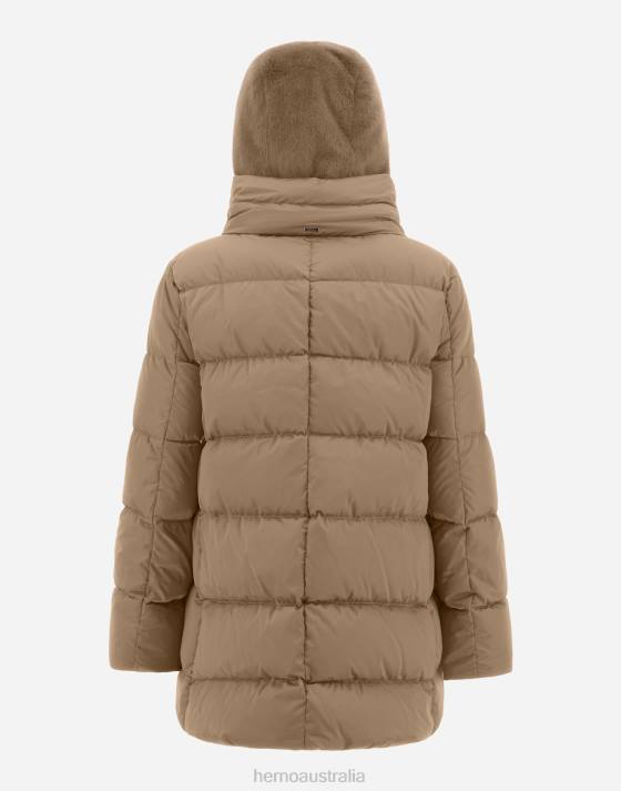 SATIN AND FAUX FUR A-LINE JACKET Herno Women Camel 2L0H194 Outerwear